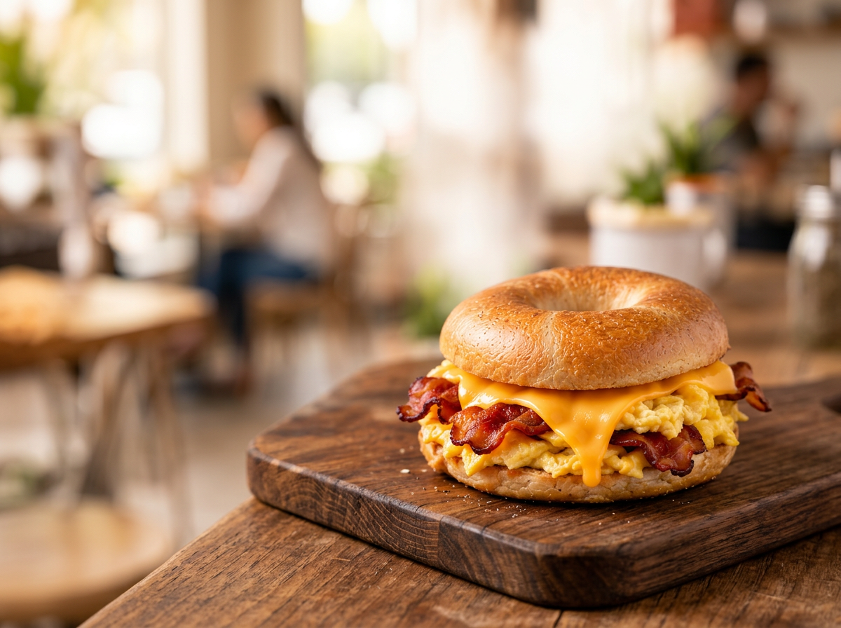 Bacon, egg and cheese breakfast sandwich on a toasted bagel