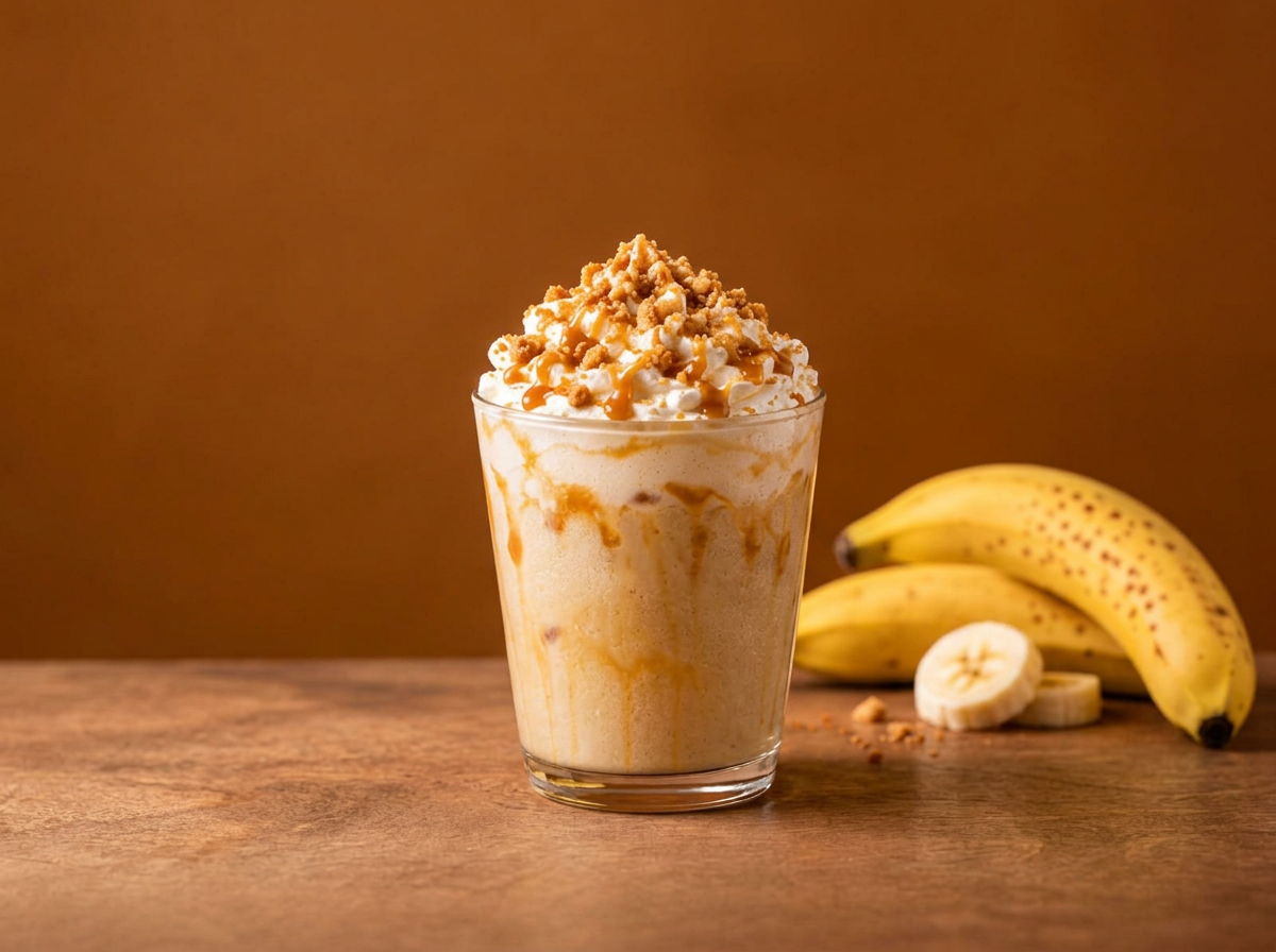 Banana Bread chiller topped with whipped cream and caramel