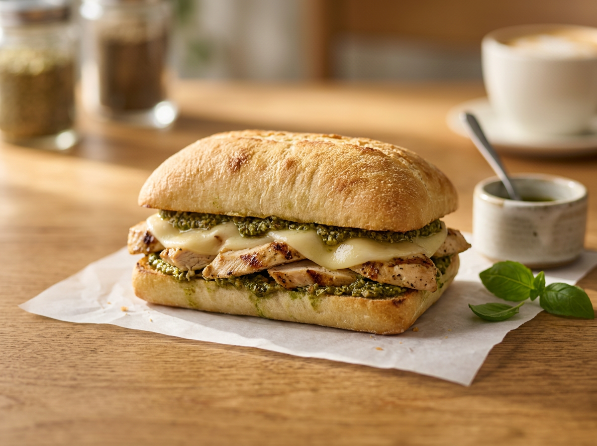 Chicken Pesto sandwich with grilled chicken and melted provolone on ciabatta