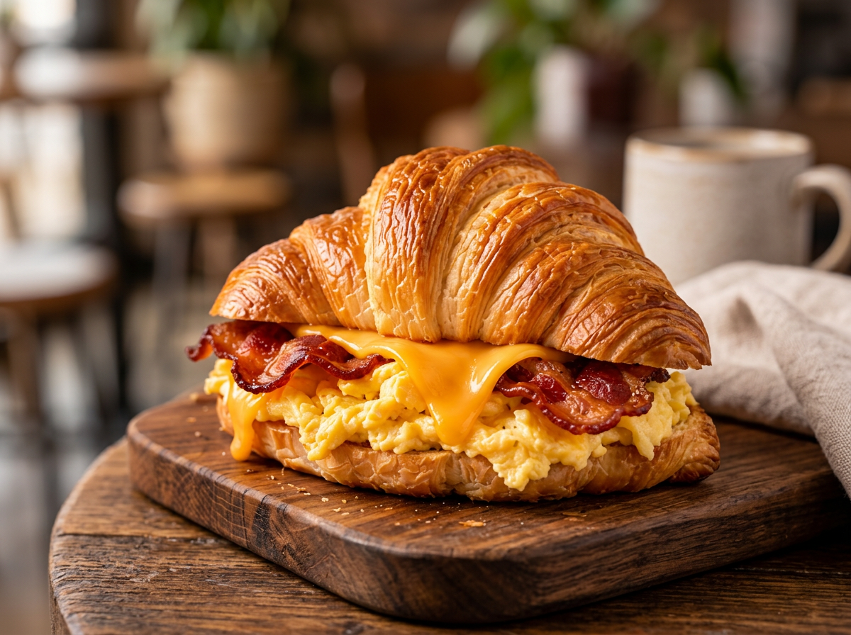 Bacon, egg and cheese breakfast sandwich on a flaky croissant