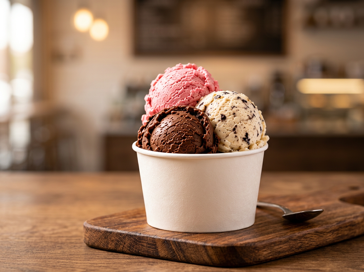 Three scoops of artisan chocolate, strawberry and cookies and cream gelato